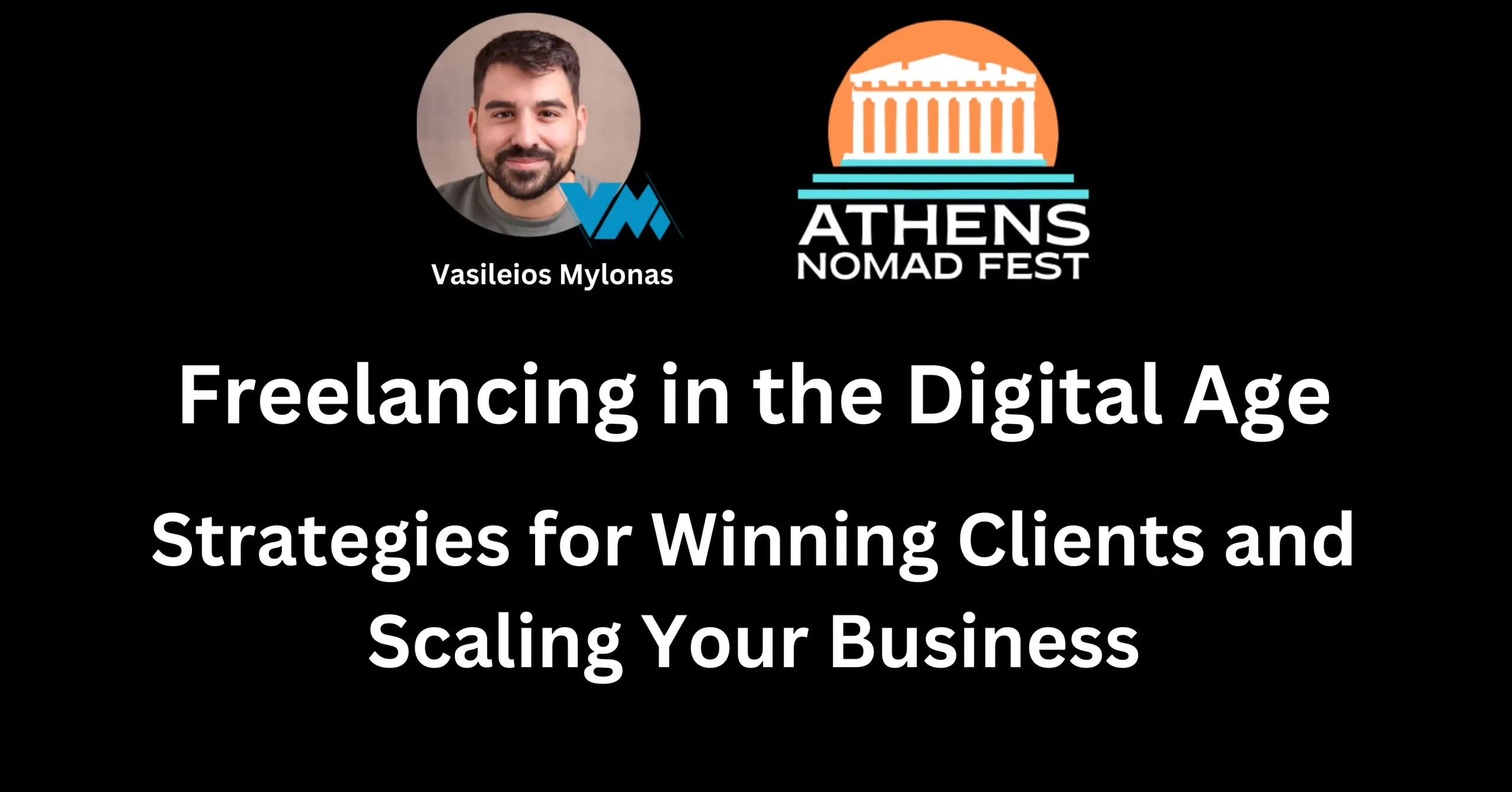 Vasileios Mylonas delivering his keynote presentation 'Freelancing in the Digital Age - Strategies for Winning Clients and Scaling Your Business' at the Athens Nomad Festival 2024. Discover proven strategies for freelance success and remote work insights.