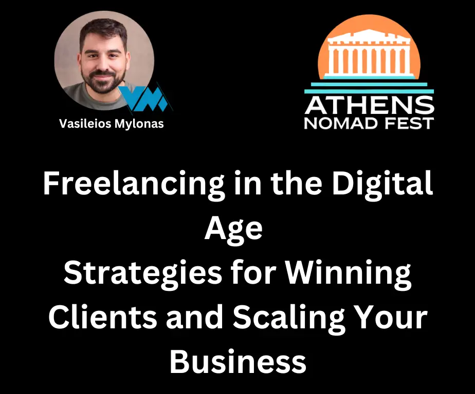 Vasileios Mylonas delivering his keynote presentation 'Freelancing in the Digital Age - Strategies for Winning Clients and Scaling Your Business' at the Athens Nomad Festival 2024. Discover proven strategies for freelance success and remote work insights.